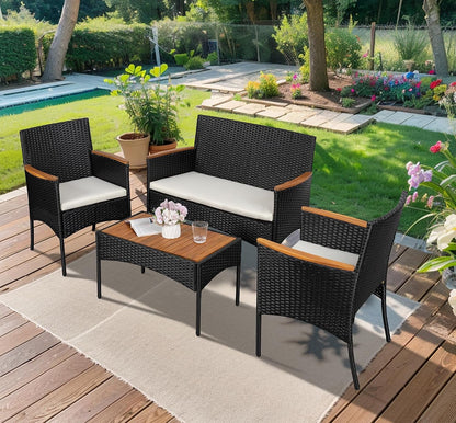 4-Piece Patio Furniture Set, Outdoor Wicker Patio Conversation Furniture Set with Cushions and Wooden Tabletop for Paito Lawn Backyard Pool Garden, Black Rattan6
