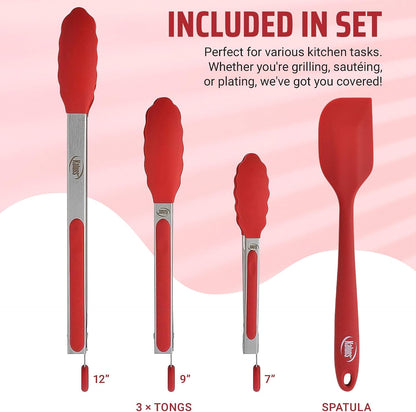 Kitchen Tongs for Cooking Grilling Set of 4, BBQ Grill Tongs with Silicone Tip Stainless Steel Heat Resistant, Non-Stick Pull Lock, Incl 7, 9, 12 Inch Tong plus a Silicone Spatula2