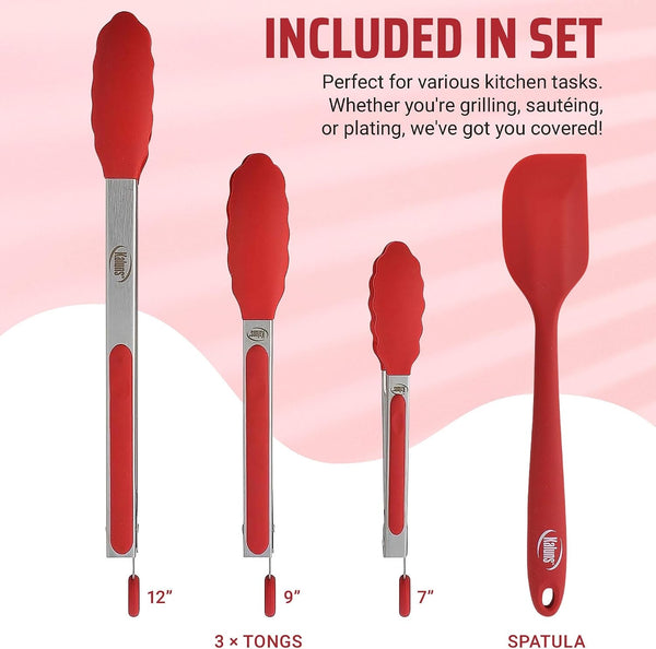 Kitchen Tongs for Cooking Grilling Set of 4, BBQ Grill Tongs with Silicone Tip Stainless Steel Heat Resistant, Non-Stick Pull Lock, Incl 7, 9, 12 Inch Tong plus a Silicone Spatula2