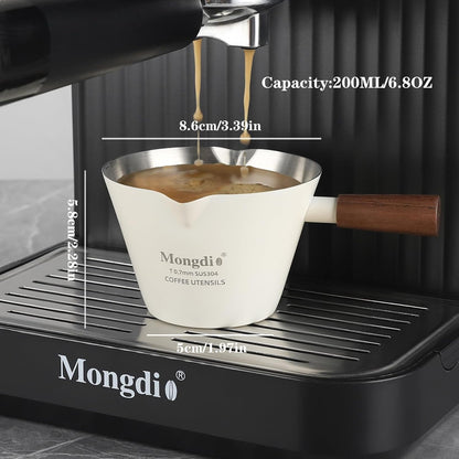 Espresso Measuring Cup, Stainless Steel Espresso Shot Cups with Wooden Handle and Double Spouts, 6.8OZ/200ML, White4