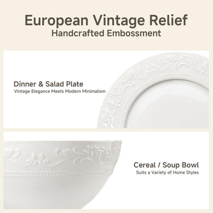 24Pcs Vintage Relief White Bone China Set, Service for 84