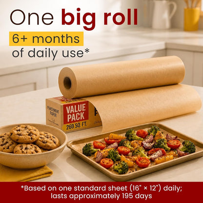 260 Sq.Ft Unbleached Parchment Paper for Baking - Roll with Cutter | Heavy Duty Non-Stick Brown for Cooking, Grilling, Steaming and Air Fryer, 15" X 210Ft by7