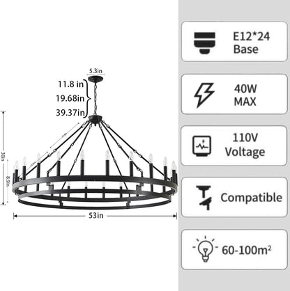 53 Inch Large Black Wagon Wheel Chandelier,Farmhouse Industrial Country Style round Pendant Light Fixture,Round Ceiling Light Fixtures for Outdoor Porch High Ceilings Living Foyer Entryway6