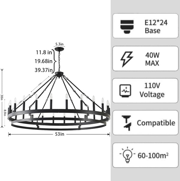53 Inch Large Black Wagon Wheel Chandelier,Farmhouse Industrial Country Style round Pendant Light Fixture,Round Ceiling Light Fixtures for Outdoor Porch High Ceilings Living Foyer Entryway6
