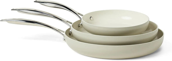 Ceramic Nonstick Cookware, 3-Piece Set of Frying Pans, All Cooktop Induction Compatible, Dishwasher-Safe, Oven-Safe, Linen Gray1