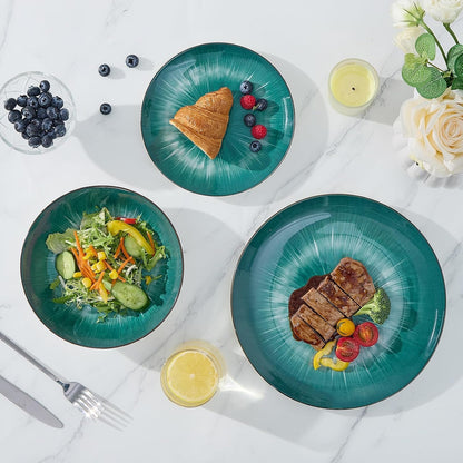 12 Piece round Kitchen Dinnerware Sets,Plates and Bowls Sets,Dishes, Plates, Bowls, Dish Set，Plates and Bowls,Service for 4, Chip Resistant Porcelain ，Starburst Turquoise Green4