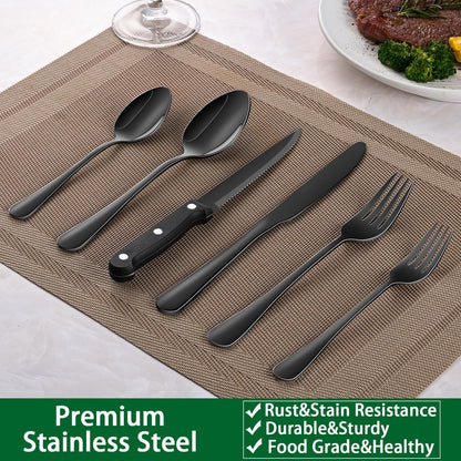 Black 49 Pieces Stainless Steel Flatware Sets with Organizer,Black Silverware Sets with Steak Knives Service for 8,Black Tableware Cutlery Sets for Home Kitchen7