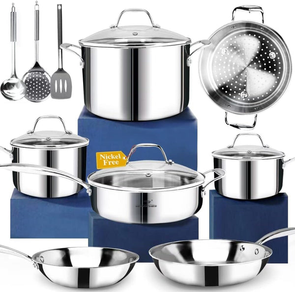 14-Piece Nickel Free Stainless Steel Cookware Set Whole-Clad 3-Ply - Mirror Polished Pots and Pans Set - Healthy Cookware Set with Steamer - Non-Toxic Induction Cookware Sets1
