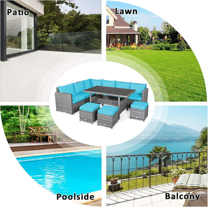7 Pieces Patio Furniture Set, Outdoor Sectional Rattan Dining Sofa Set with Cushions, All Weather Wicker Conversation Couch Set with Dining Table & Ottomans for Yard Garden Poolside8