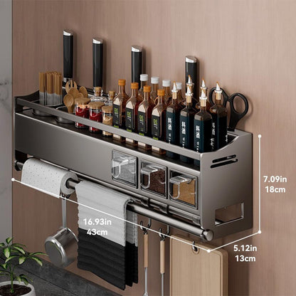 Multifunctional Kitchen Spice Rack Organizer Wall Mounted with Knife Holder Hooks and Pole Hanging Seasoning Organizer Shelf (3 Boxed and 2 Spoon Barrels)2