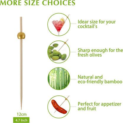 200 Pcs Cocktail Picks, Fancy Toothpicks for Appetizers, Mini Food Picks | Bamboo Cocktail Sticks Skewers for Drinks, Desserts, Charcuterie, 4.7 Inch Decorative Wedding Party Gold Ball Tooth Picks5