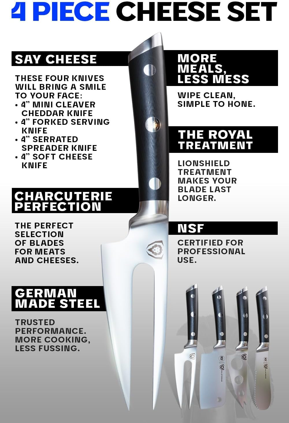 charcuterie-cheese-knife-set-4pc-gladiator-series-elite-mini-cleaver-serrated-round-tip-forked-cheese-knives-set-g10-handle-soft-hard-cheese-sheath-nsf-certified
