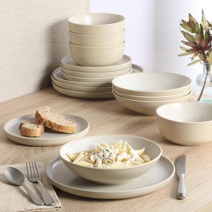 Tribeca Loft 16-Piece Dinnerware Set – Matte Cream and White Reactive Glaze Stoneware, Double Bowl round Plates and Bowls – Modern Neutral Tableware for 4, Dishwasher & Microwave Safe5