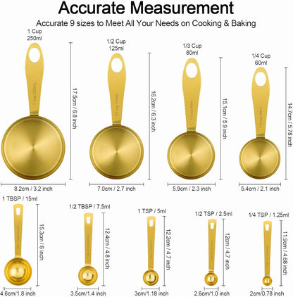 9Pcs 304 Stainless Steel Measuring Cups & Spoons, Stackable Long Handle Fits Narrow Jars, Golden Finish, Metric & US Measures for Dry/Liquid Ingredients, Rust-Proof for Baking & Cooking2