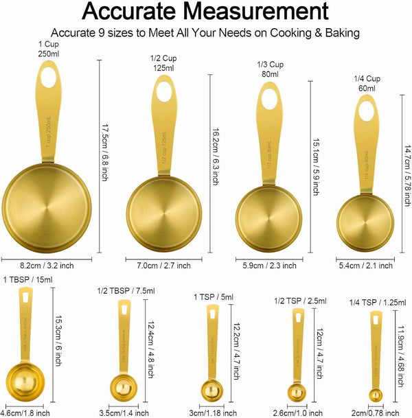 9Pcs 304 Stainless Steel Measuring Cups & Spoons, Stackable Long Handle Fits Narrow Jars, Golden Finish, Metric & US Measures for Dry/Liquid Ingredients, Rust-Proof for Baking & Cooking2