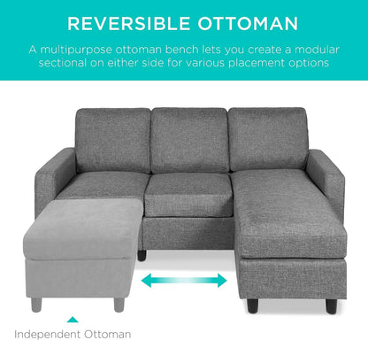 Upholstered Sectional Sofa for Home, Apartment, Dorm, Bonus Room, Compact Spaces W/Chaise Lounge, 3-Seat, L-Shape Design, Reversible Ottoman Bench, 680Lb Capacity - Gray4