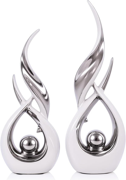 2 PCS White Silver Ceramic Statues for Home Decor Accents, Modern Abstract Art Sculptures, Elegant Tabletop Decorative Objects for Dining Room, Entryway, Tv Stand, Mantel, Coffee Table Centerpieces1