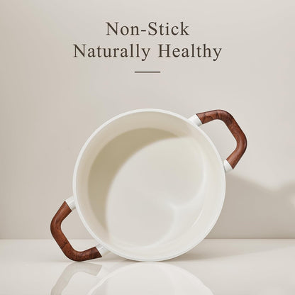 5QT Nonstick Stock Pot with Lid, 5 Quart Casserole with Ladle, Even Heating Stockpot, Fits All Stoves, Non Stick Big Cooking Pots PFOA Free, White3