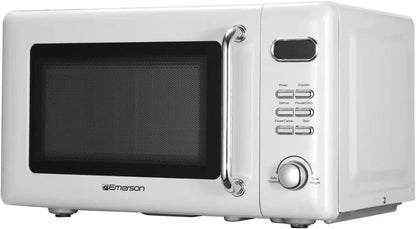 MWR7020W Compact Countertop Microwave Oven with Button Control, LED Display, 700W 5 Power Levels, 8 Auto Menus, Glass Turntable and Child Safe Lock, 0.7, Retro White2