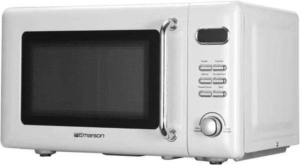 MWR7020W Compact Countertop Microwave Oven with Button Control, LED Display, 700W 5 Power Levels, 8 Auto Menus, Glass Turntable and Child Safe Lock, 0.7, Retro White2