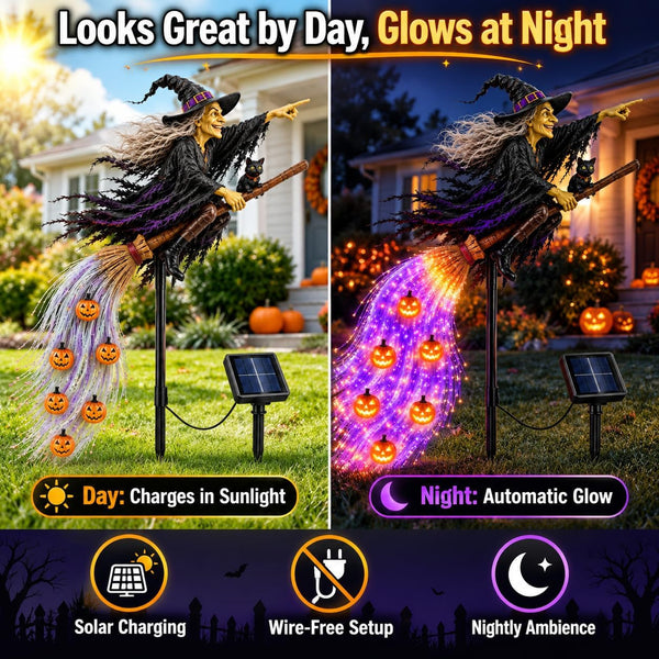 Solar Fiber Optic Witch Yard Light, Flying Witch Halloween Outdoor Decoration with Glowing Pumpkin Light Trail, Multicolor LED Garden Stake Decor for Lawn, Pathway, Patio and Yard (Style C)6