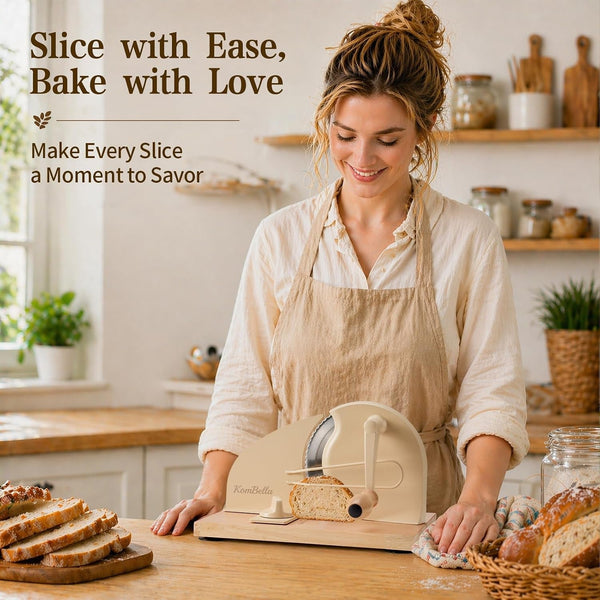Sourdough Bread Slicer for Homemade Bread, Manual Hand Crank Bread Cutter with Adjustable Thickness for Even Slices, Slicing Guide & Protective Blade Shield, Wood Base with Suction Cups(Beige)2