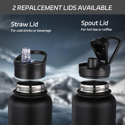 32 Oz Insulated Water Bottle Stainless Steel Double Walled Vacuum Sports Water Bottle with 2 Lids (Straw and Spout Lid) for Gym Camping Hiking(Black,1)4
