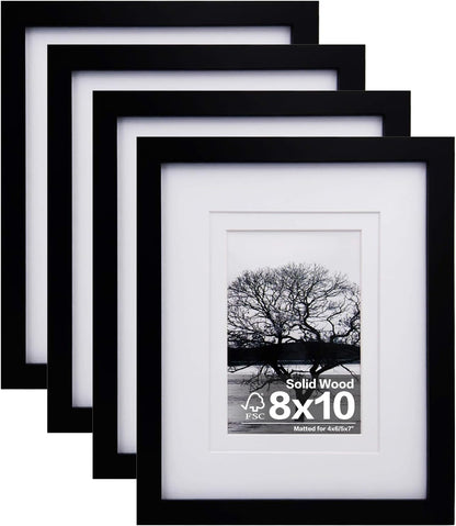 8X10 Picture Frames Set of 4, Made of Solid Wood Covered by Plexiglass 4X6 and 5X7 with Mat or 8X10 without Mat, for Table Top Display and Wall Mounting Photo Frame Black1