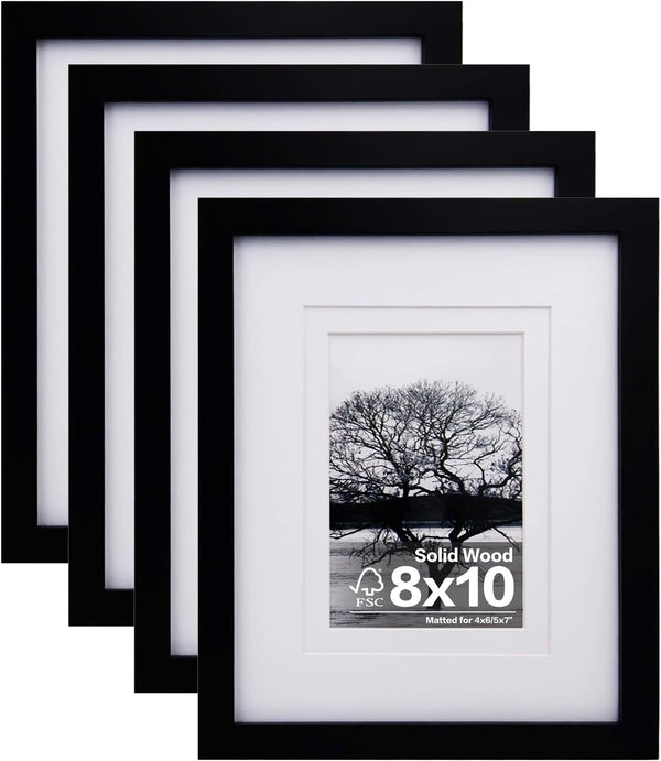 8X10 Picture Frames Set of 4, Made of Solid Wood Covered by Plexiglass 4X6 and 5X7 with Mat or 8X10 without Mat, for Table Top Display and Wall Mounting Photo Frame Black1