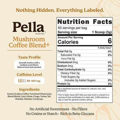 Instant Mushroom Coffee Powder - Regular Caffeine, 60 Cups | 7 Mushrooms Lions Mane Turkey Tail & More with Arabica Coffee, 80-100 Mg Caffeine, Medium Roast, 6 Calories, Vegan, 0G Sugar2