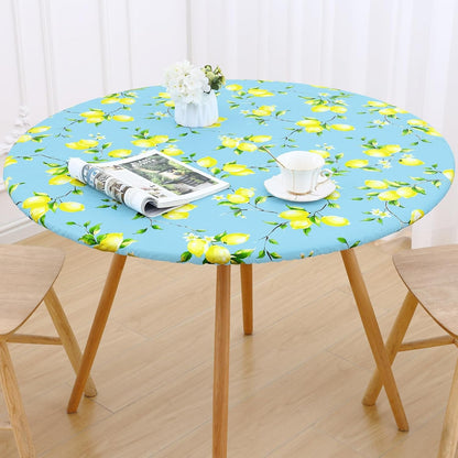 round Table Cloth, Waterproof Fitted Table Cover for 45"-56" Tables | Flannel Backed Vinyl Tablecloth, Wipeable & Windproof Plastic Tablecloth for Camping, Indoor & Outdoor (Blue & Yellow)7