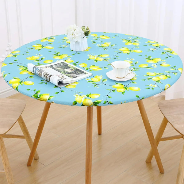 round Table Cloth, Waterproof Fitted Table Cover for 45"-56" Tables | Flannel Backed Vinyl Tablecloth, Wipeable & Windproof Plastic Tablecloth for Camping, Indoor & Outdoor (Blue & Yellow)7