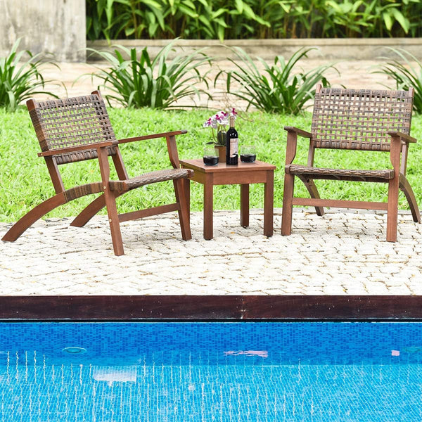 3 Pieces Patio Conversation Set, Solid Eucalyptus Wood Frame Outdoor Wicker Furniture Set Bistro Set with Coffee Table, Rattan Furniture Set for Backyard Porch Garden Poolside Balcony (Brown)2