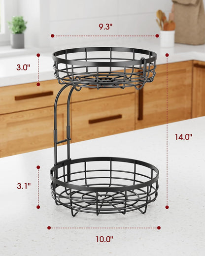 Fruit Basket for Kitchen Counter - 2-Tier Large Capacity Fruit Bowl with Detachable Banana Hanger, Rust-Proof Metal Fruit Holder for Vegetables, Bread, Toiletry,10" D X 10" W X 14" H, Black7