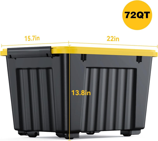 72 Quart Plastic Storage Bin, Stackable and Nestable Storage Boxes with Yellow Lids and Secure Latching Buckles, Large Storage Container (Black/Yellow, 72Quart-4Pack)3