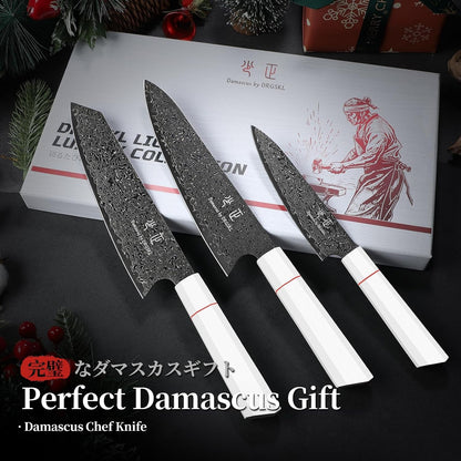 Japanese Knife Set Damascus - VG10 Kitchen Knife Set 3 PCS | Japanese VG10 Core, Black Anti-Corrosion Coating, Damascus Blade, G10 Handle, Gift Box, Wet Edge Grinding Technology6
