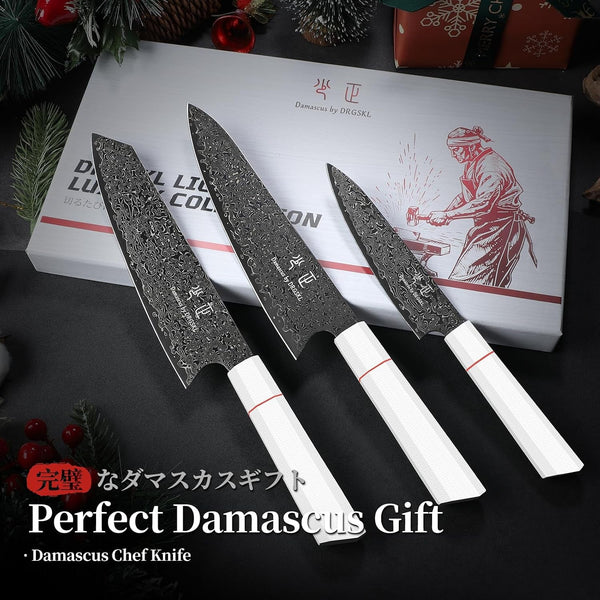 Japanese Knife Set Damascus - VG10 Kitchen Knife Set 3 PCS | Japanese VG10 Core, Black Anti-Corrosion Coating, Damascus Blade, G10 Handle, Gift Box, Wet Edge Grinding Technology6
