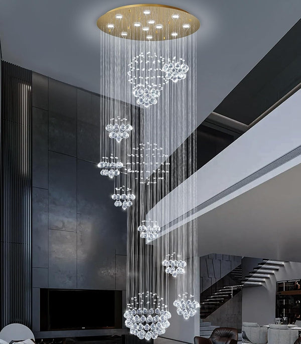 118" Modern Large Chandelier for Foyer Raindrop Crystal Chandeliers LED Dimmable High Ceiling Flush Mount Light Fixtures for Staircaes Hallway Entryway Gold9