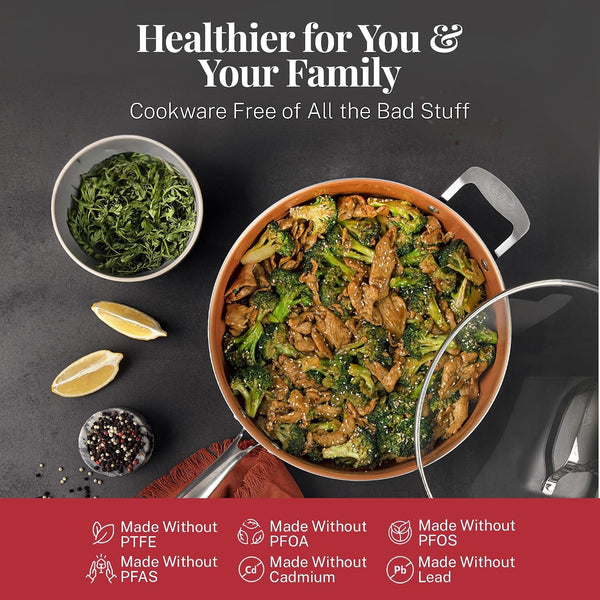 20 Pc Pots and Pans Set Nonstick Cookware + Bakeware Set, Complete Ceramic for Kitchen, Non Stick with Lids, Dishwasher / Oven Safe, Toxic - Red3