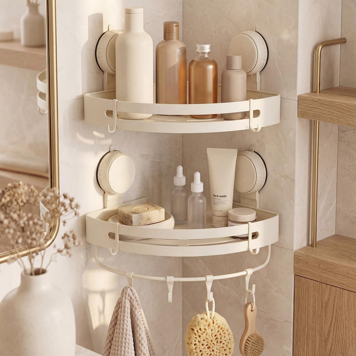 suction-cup-shower-caddy2-pack-cream-white-single-1-77-inches-high-no-drilling-aluminum-bathroom-organizer-with-towel-bar-hooks-moder-wall-shower-shelf-and-storage-decor