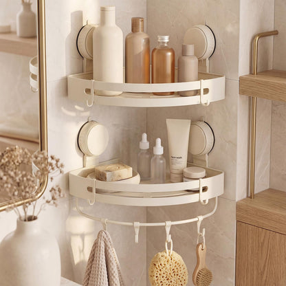 Suction Cup Shower Caddy(2-Pack Cream White),Single 1.77 Inches High No-Drilling Aluminum Bathroom Organizer with Towel Bar & Hooks,Moder Wall Shower Shelf and Storage Decor1