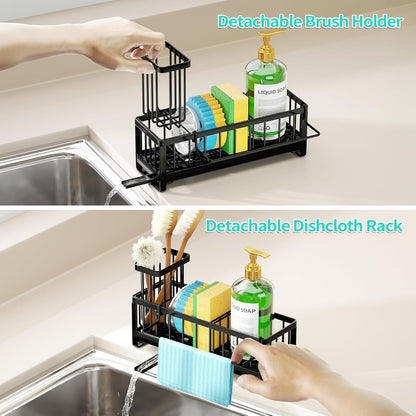Sponge Holder for Kitchen Sink - Self-Draining Sink Caddy with Brush and Dishcloth Holders, Stainless Steel Kitchen Countertop Organizers and Storage Essentials - Black3