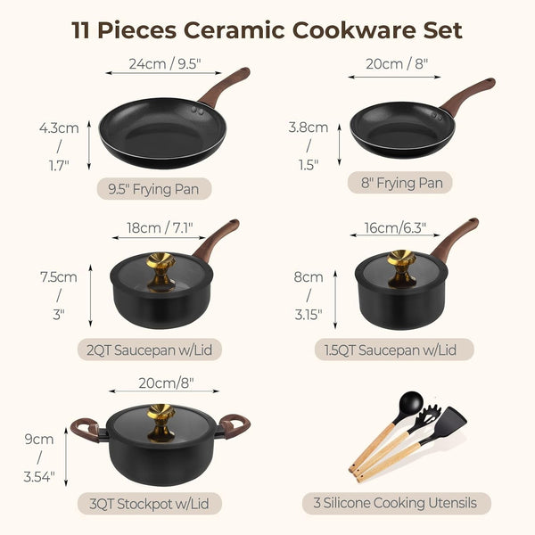 Pots and Pans Set Non Stick, 11Pcs Black Ceramic Cookware Set | Compact Nonstick Cooking Set, Starter Pots and Pans, Induction Cookware, Easy to Clean, Non-Toxic, PFOA & PFAS Free2