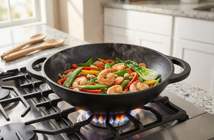 12 Inch Pre-Seasoned Cast Iron Skillet - Wok round Bottomed Frying Pan with Assist Handles,Tempered Glass Lid, Cast Iron Scrubber,Silicone Oven Mitts for Home Baking7