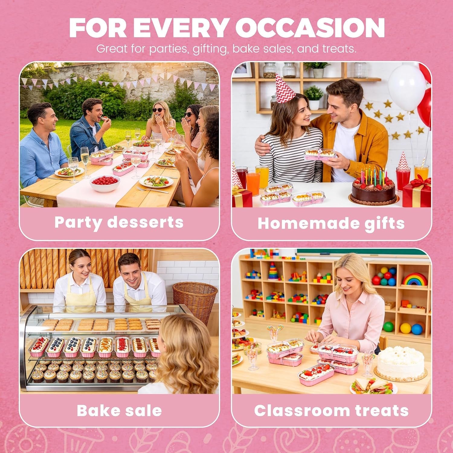 mini-loaf-pans-with-lids-50-pack-pink-6-8oz-for-party-favors-fits-tartlets-pudding-desserts-loaf-slices-and-sweet-samples-single-base-workflow-helps-limit-dish-handling