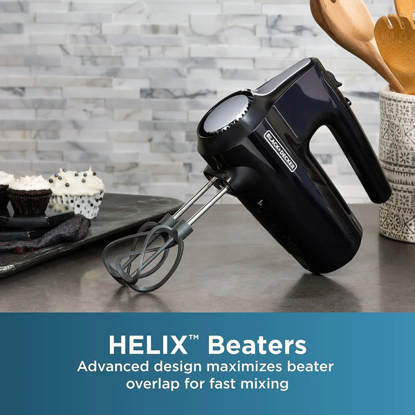 BLACK+DECKER Hand Held Mixer MX610B, 5-Speed | 350W Hand Mixer with Turbo Boost, Beaters, Whisk, Dough Hooks and Snap-On Storage Case.5
