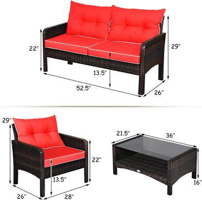4 Piece Patio Furniture Set, Outdoor Wicker Conversation Set with Glass Top Coffee Table, All Weather Proof and Thick Cushions, Suitable for Porch, Garden, Poolside and Lawn (Red)5