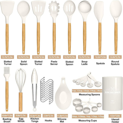 Kitchen Cooking Utensils Set, 33 Pcs Non-Stick Silicone Cooking Kitchen Utensils Spatula Set with Holder, Wooden Handle Silicone Kitchen Gadgets Utensil Set (Cream White)2