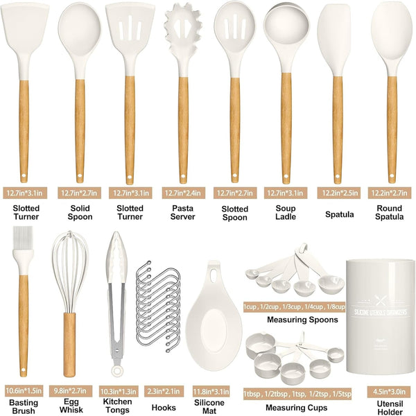 Kitchen Cooking Utensils Set, 33 Pcs Non-Stick Silicone Cooking Kitchen Utensils Spatula Set with Holder, Wooden Handle Silicone Kitchen Gadgets Utensil Set (Cream White)2
