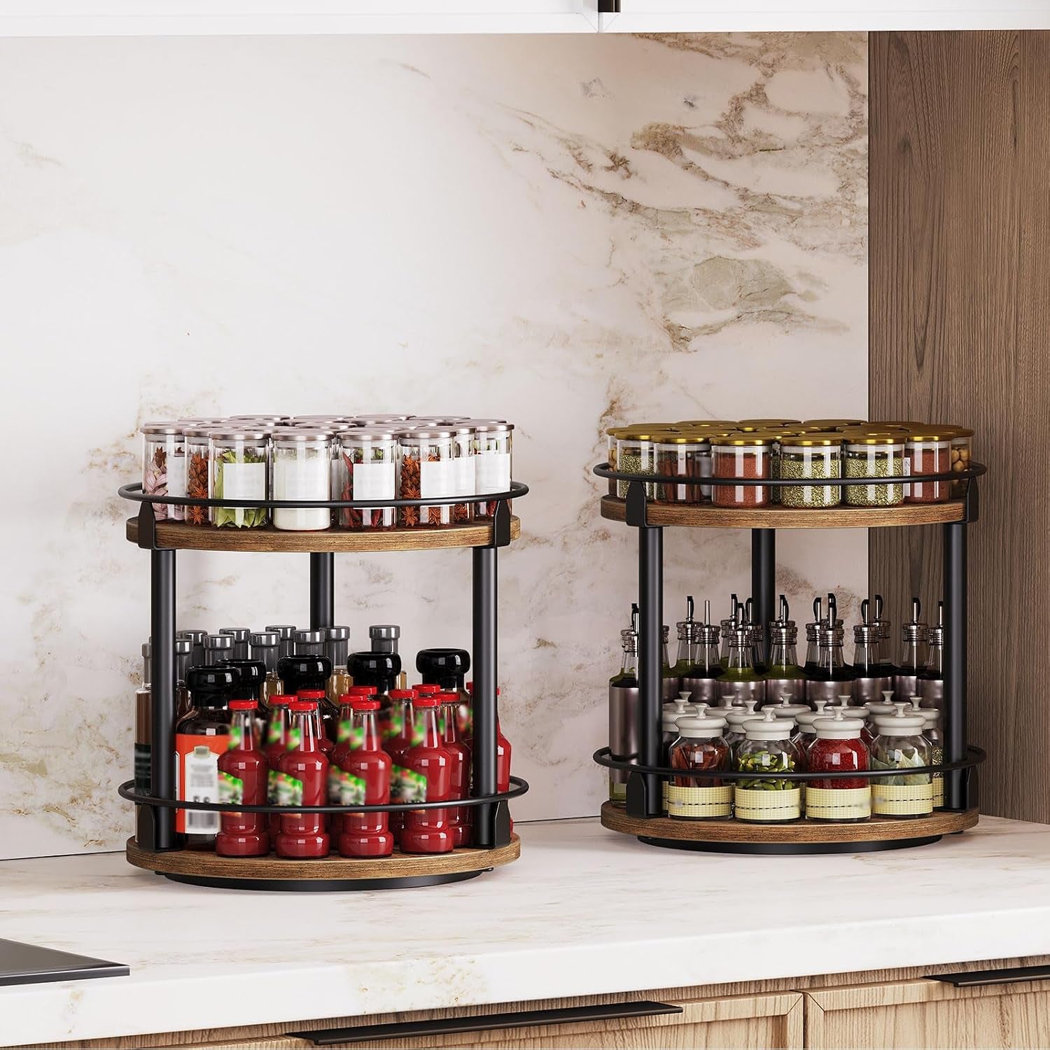 spice-rack-set-of-2-lazy-susan-organizer-2-tier-turntable-organizer-rotating-spice-rack-organizer-for-cabinet-compact-and-versatile-for-kitchen-countertop-rustic-brown-sr22l2br